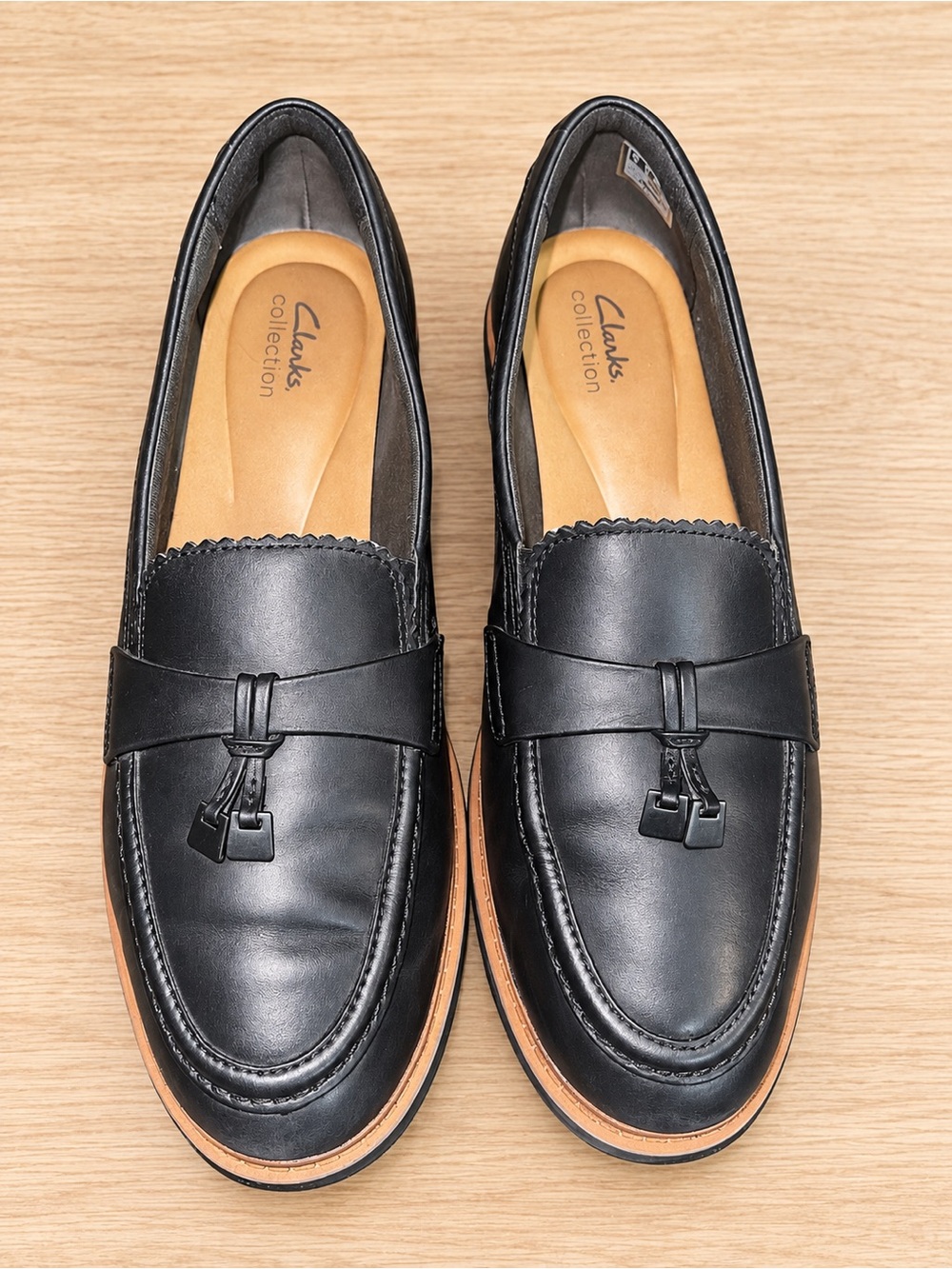 Clarks Black Leather Slip-On Loafers with Tan Accents